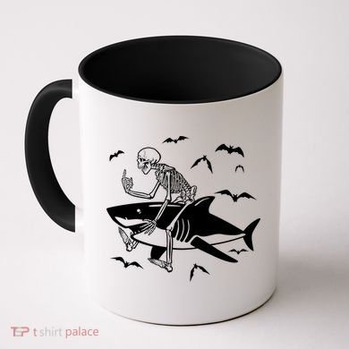 Scary Skeleton Riding Shark Coffee Mug