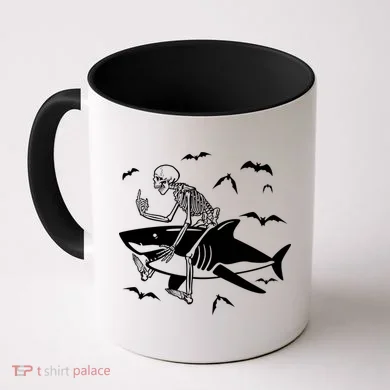 Scary Skeleton Riding Shark Coffee Mug