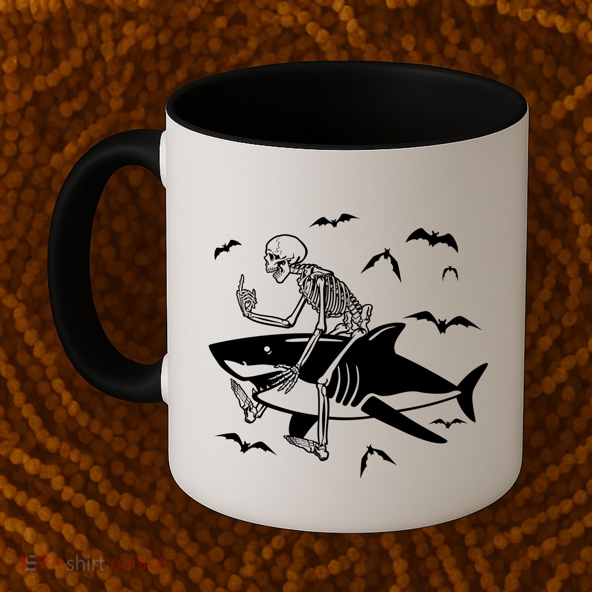 Scary Skeleton Riding Shark Coffee Mug