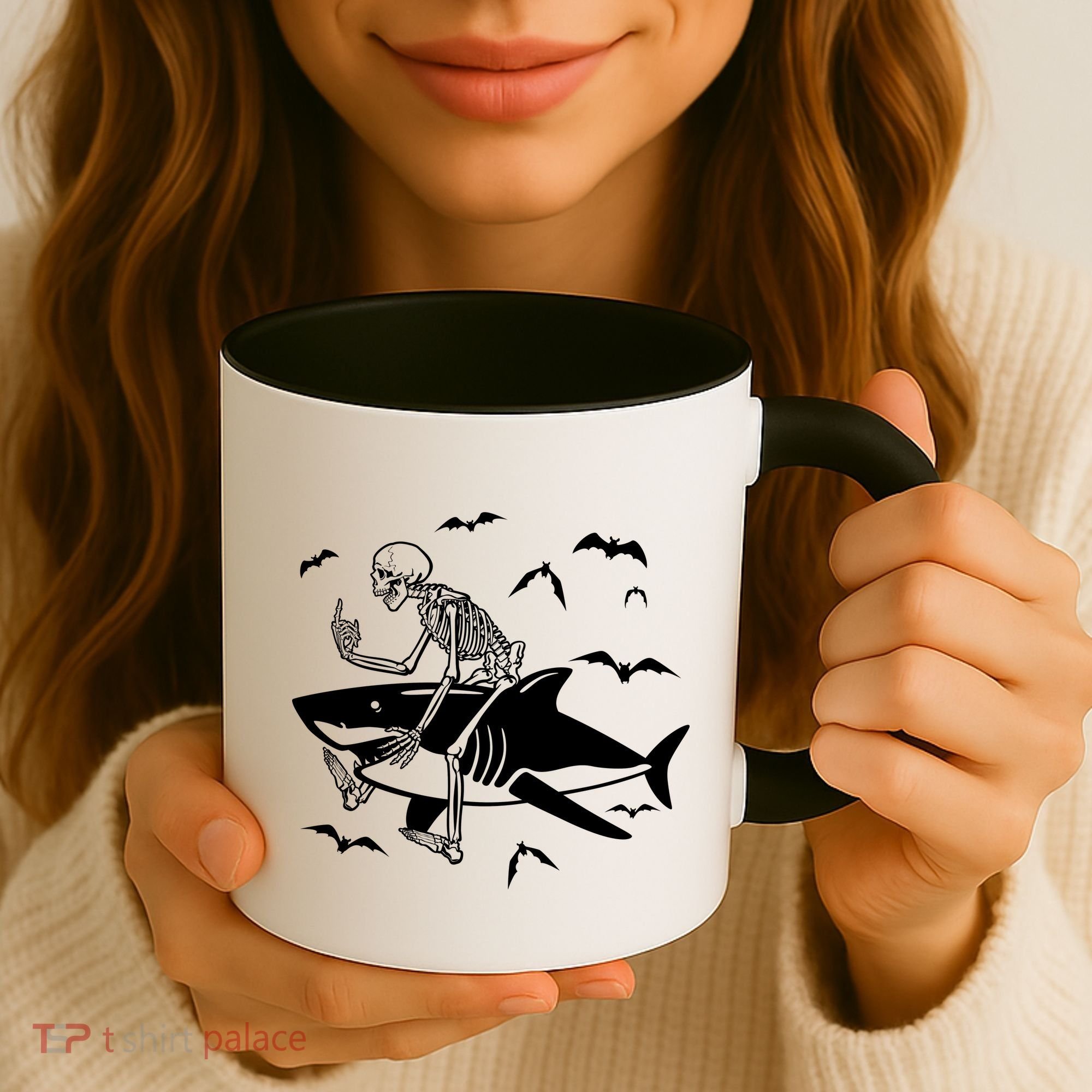 Scary Skeleton Riding Shark Coffee Mug