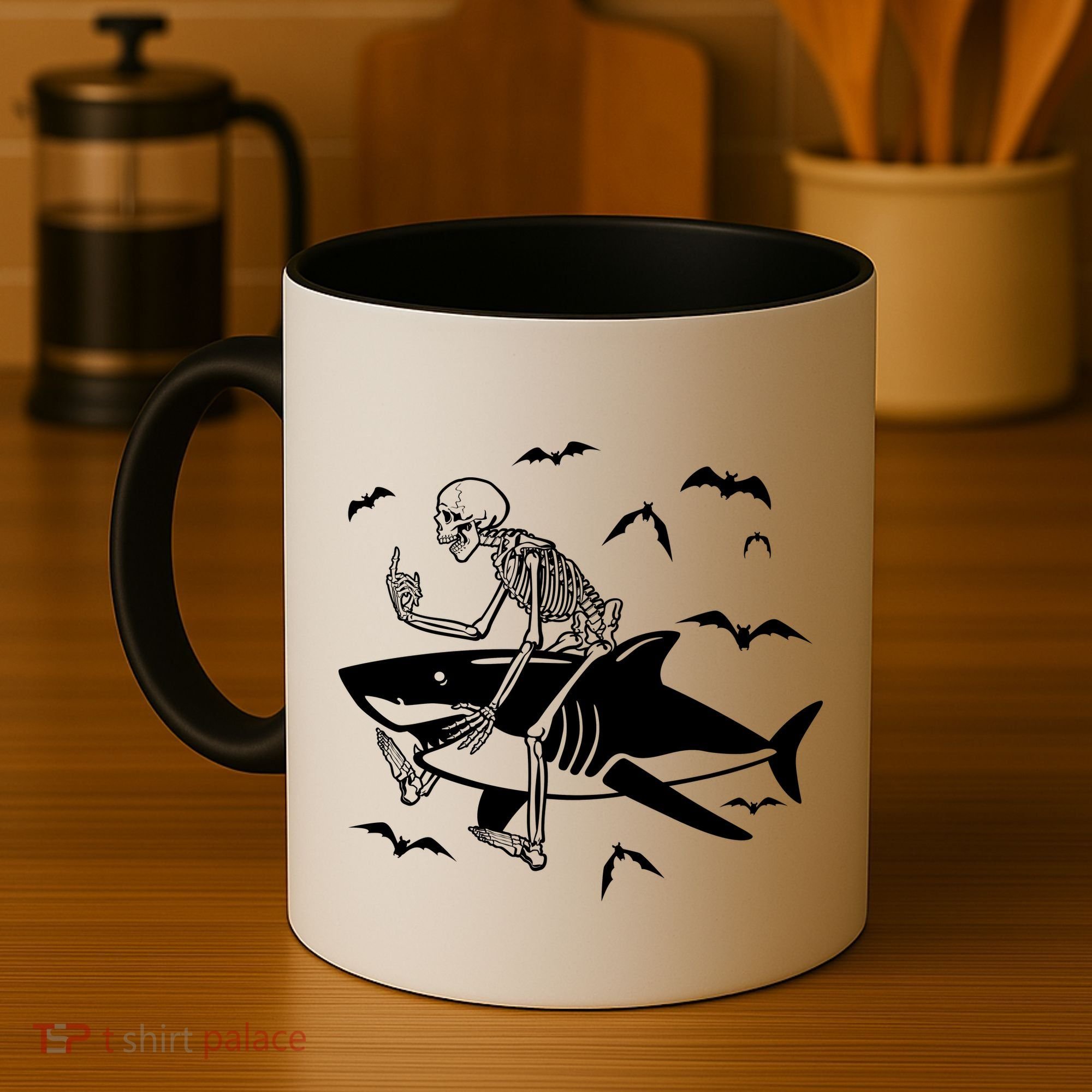 Scary Skeleton Riding Shark Coffee Mug