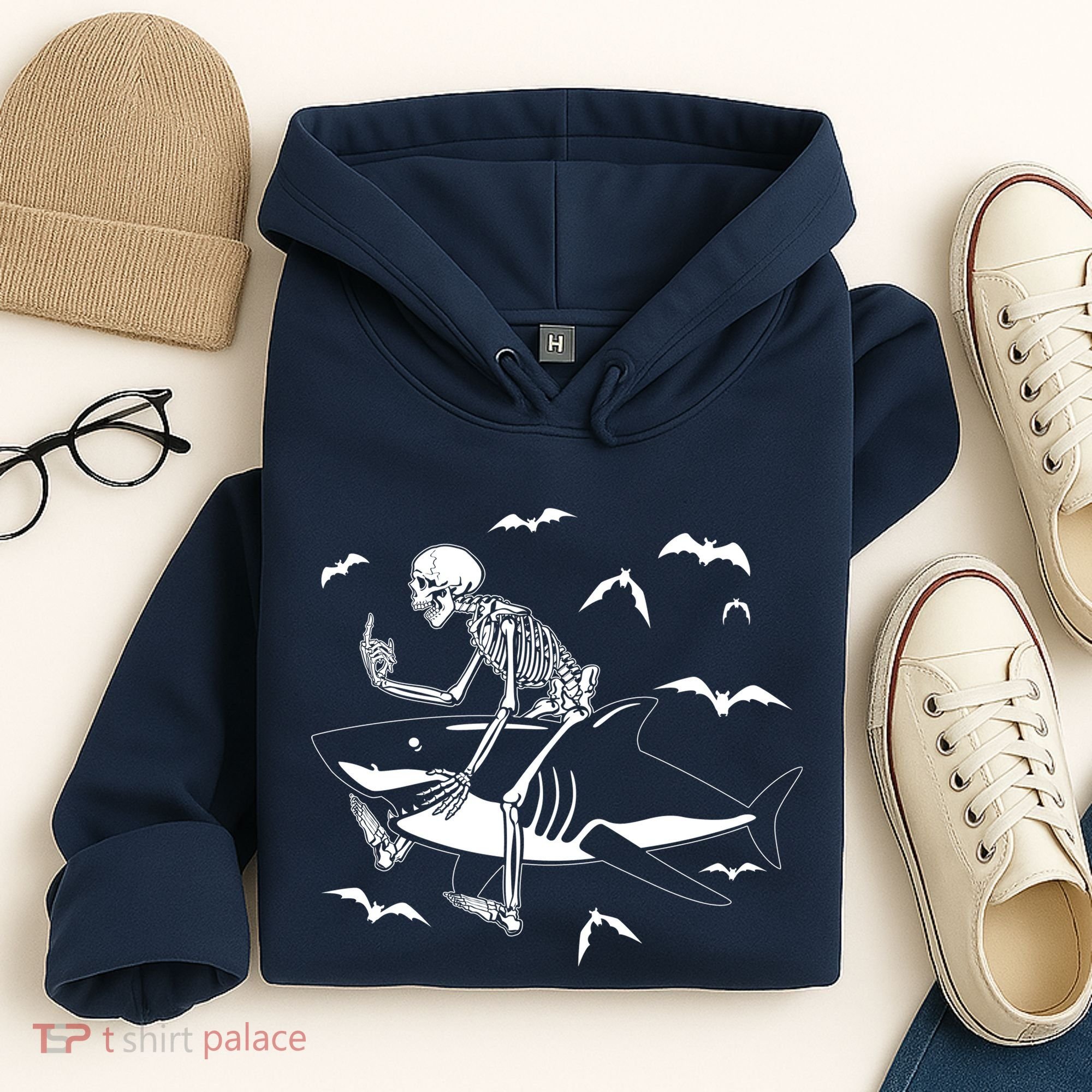 Scary Skeleton Riding Shark Hoodie
