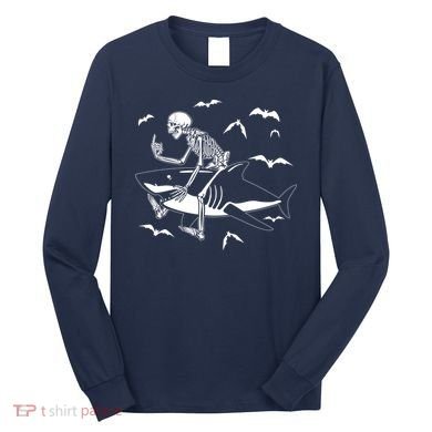 Scary Skeleton Riding Shark Long Sleeve Shirt