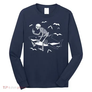 Scary Skeleton Riding Shark Long Sleeve Shirt