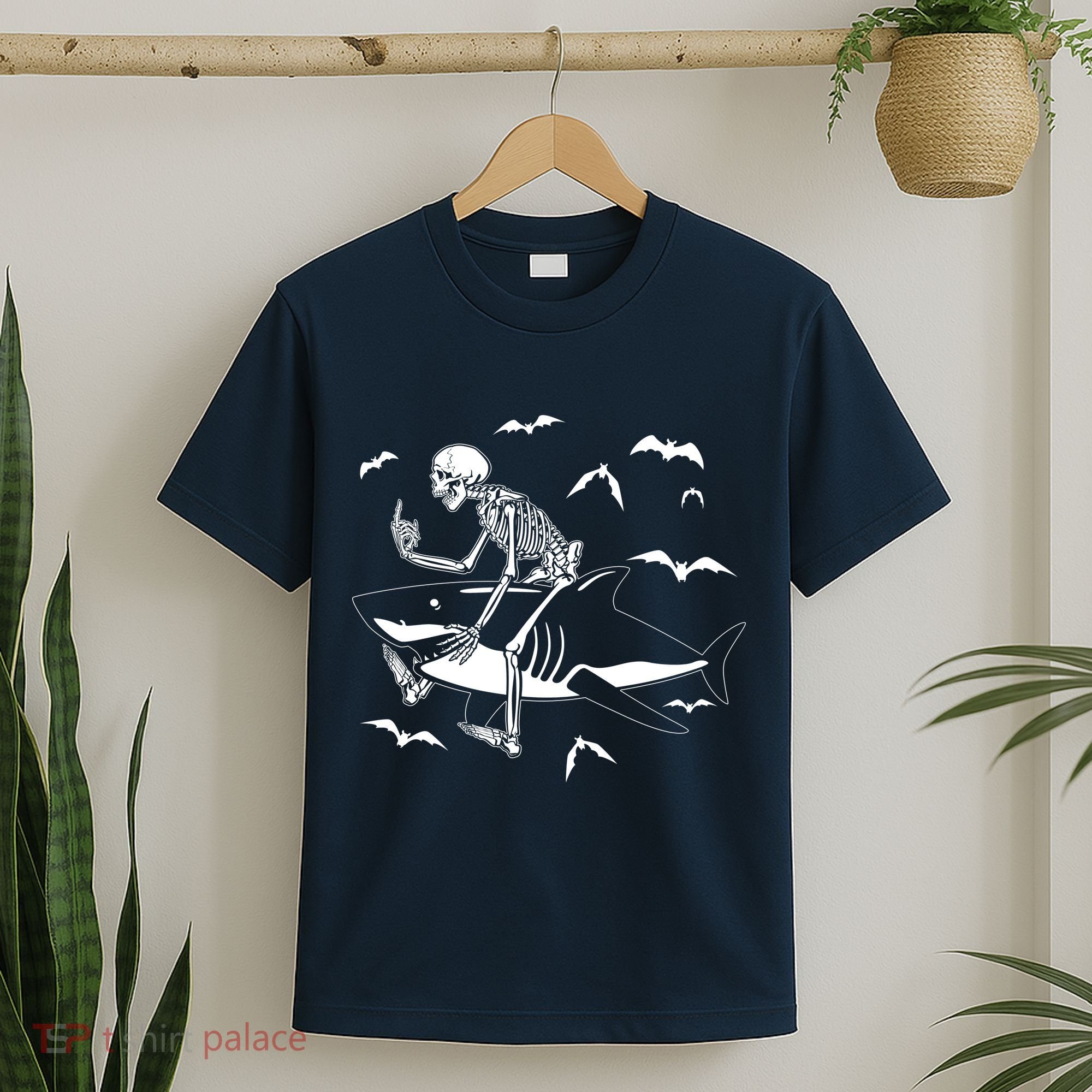 Scary Skeleton Riding Shark T-Shirt
