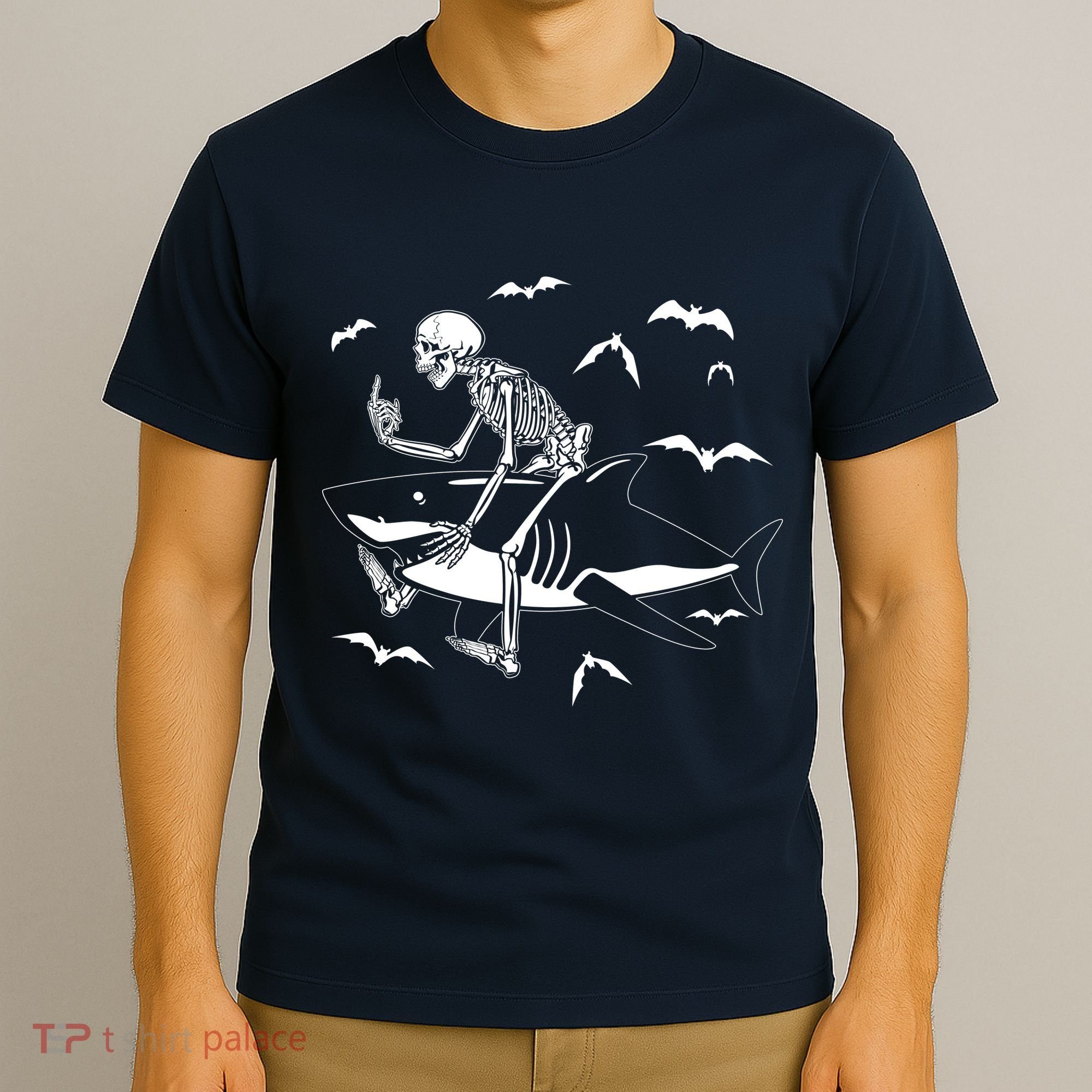 Scary Skeleton Riding Shark T-Shirt