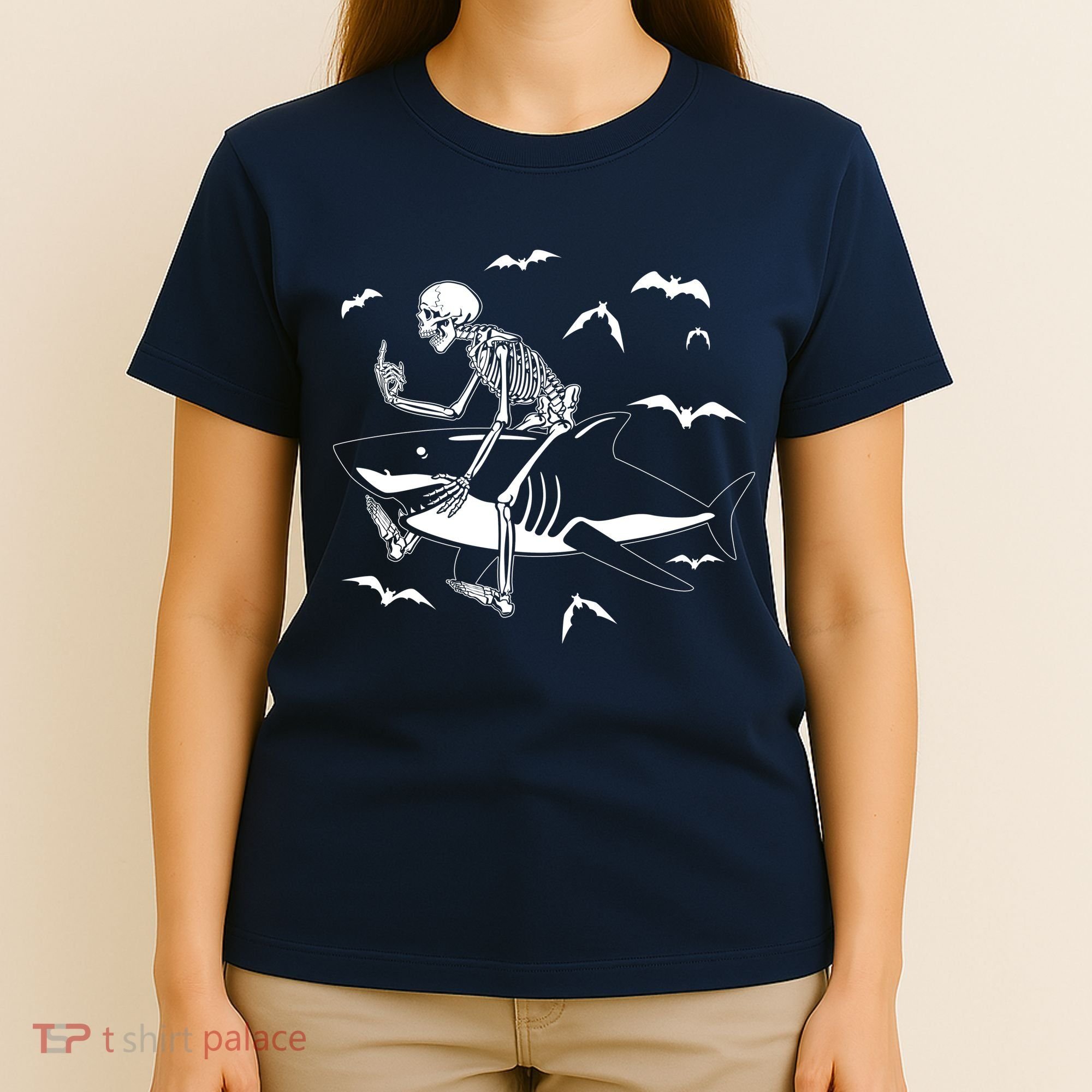 Scary Skeleton Riding Shark T-Shirt
