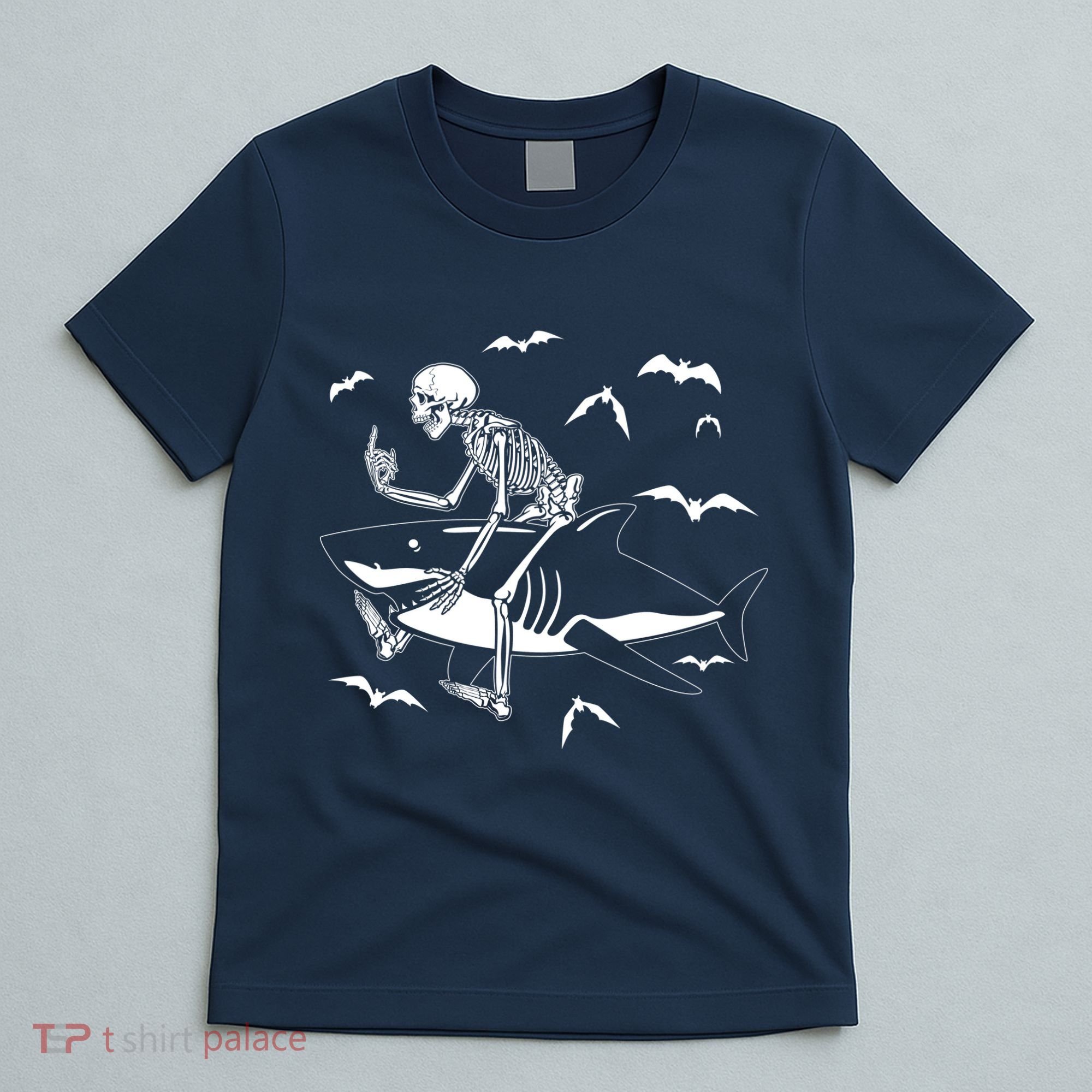 Scary Skeleton Riding Shark T-Shirt