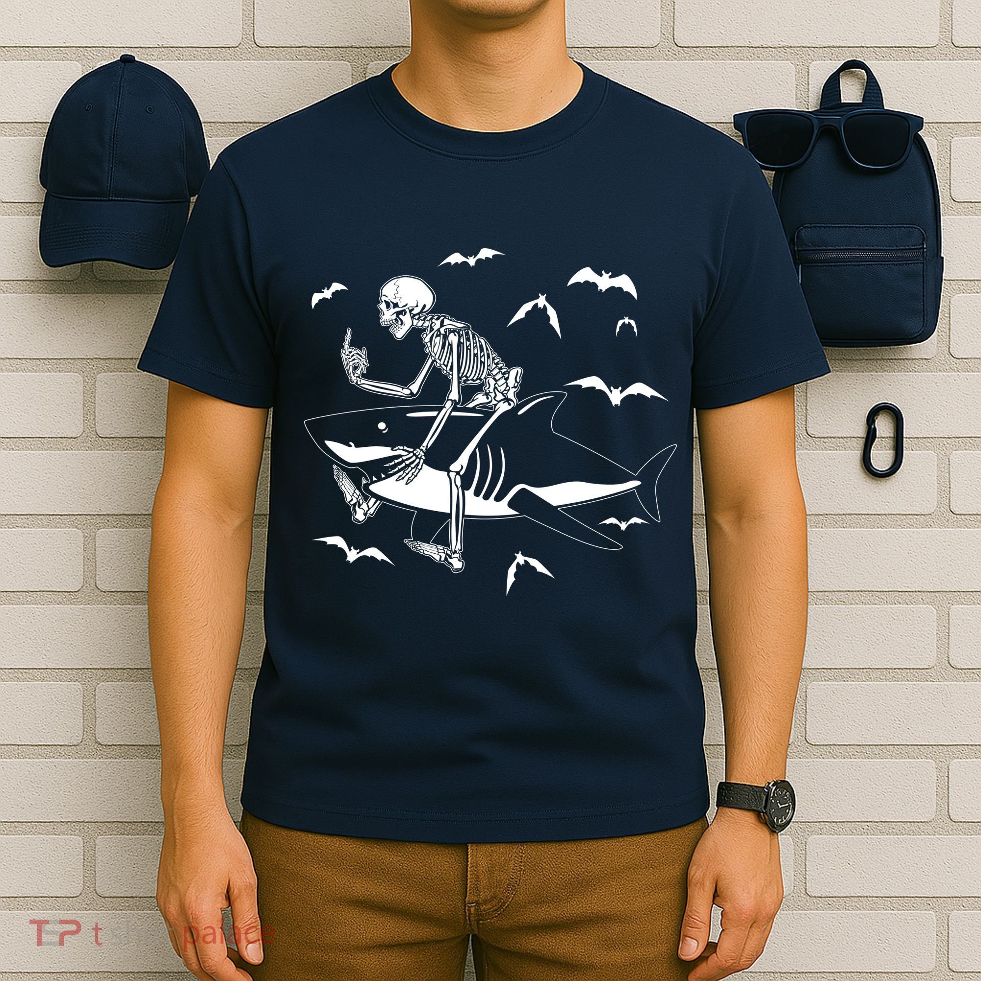 Scary Skeleton Riding Shark T-Shirt