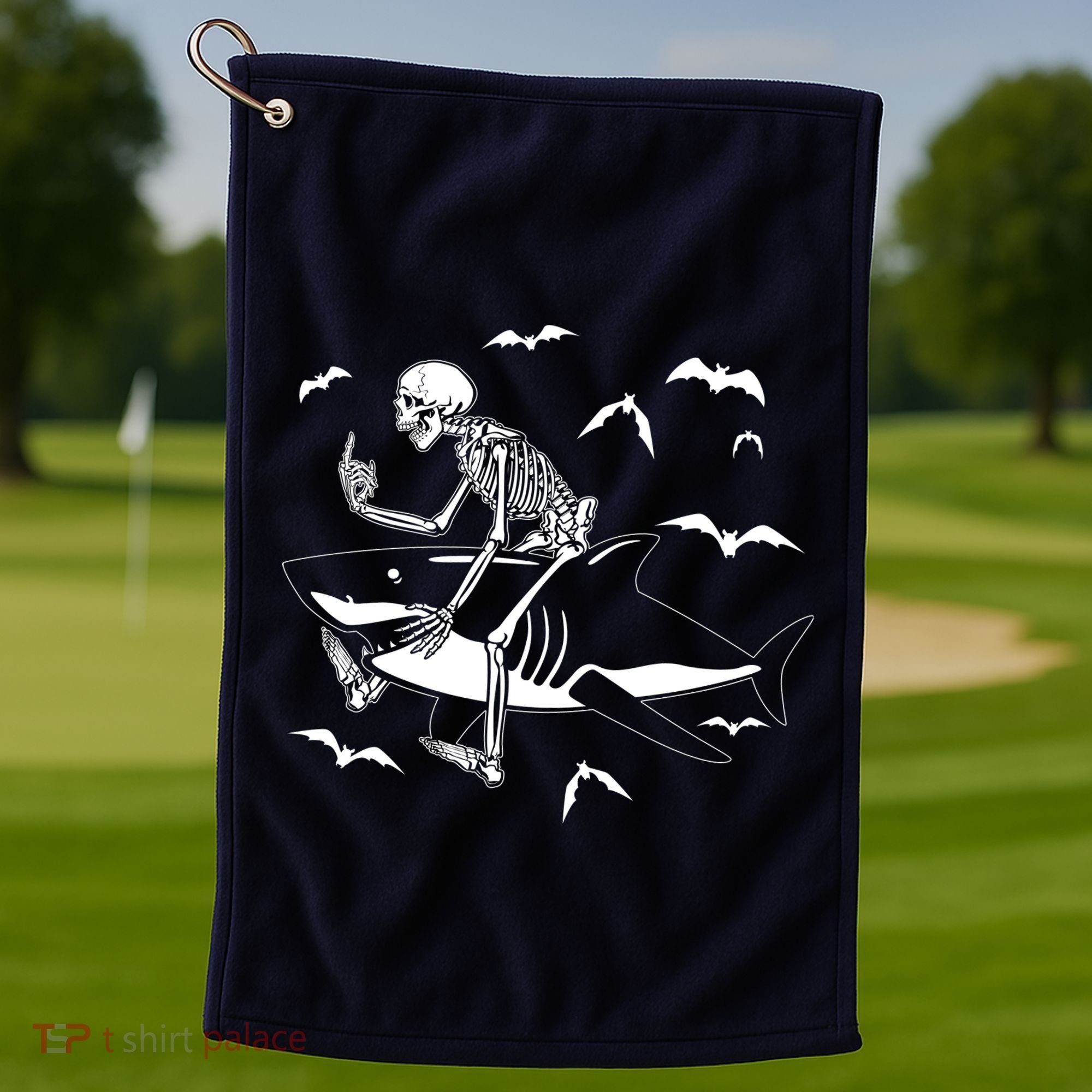 Scary Skeleton Riding Shark Golf Towel