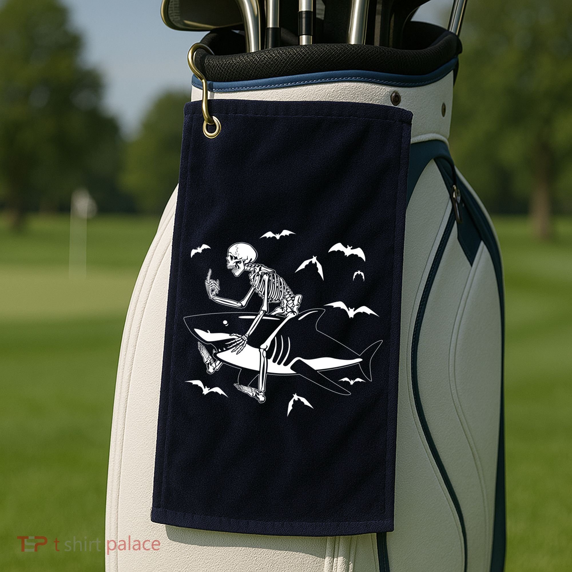 Scary Skeleton Riding Shark Golf Towel