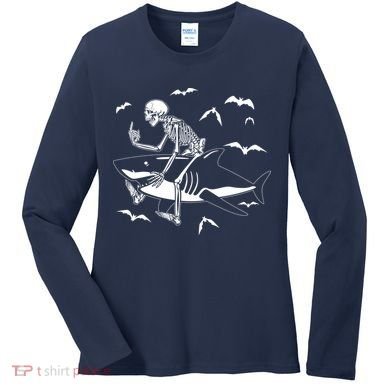 Scary Skeleton Riding Shark Women's Long Sleeve Shirt