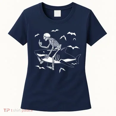 Scary Skeleton Riding Shark Women's T-Shirt