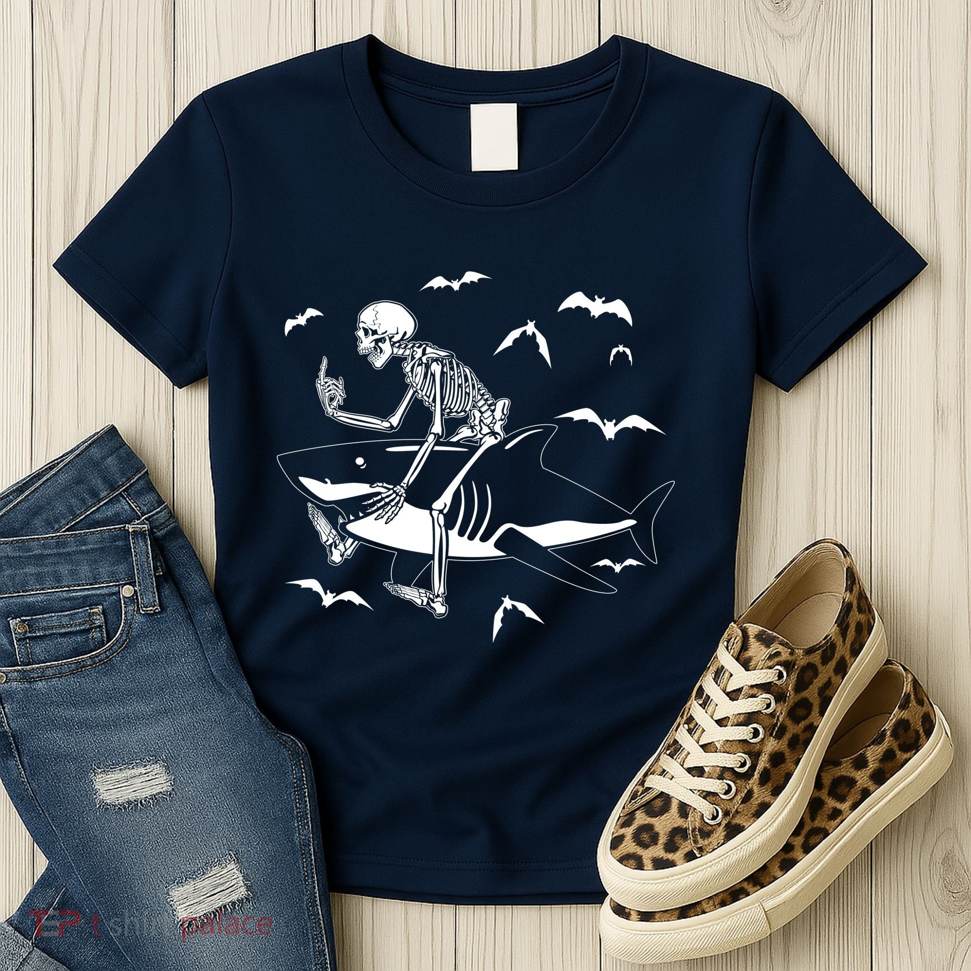 Scary Skeleton Riding Shark Women's T-Shirt