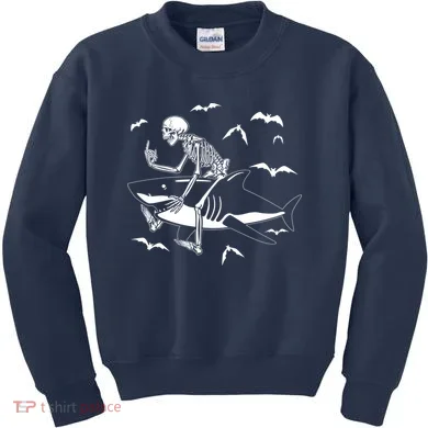 Scary Skeleton Riding Shark Kids Sweatshirt