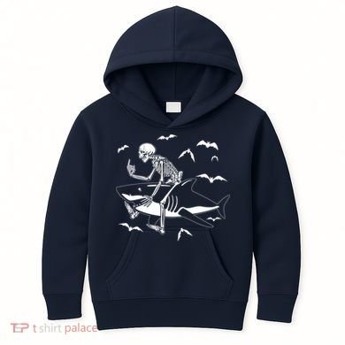 Scary Skeleton Riding Shark Kids Hoodie