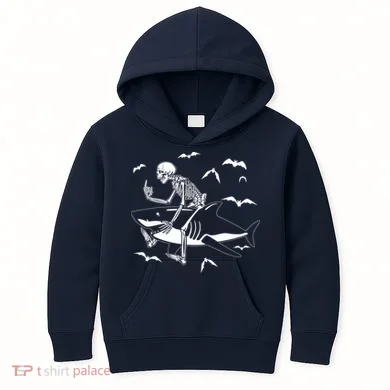 Scary Skeleton Riding Shark Kids Hoodie