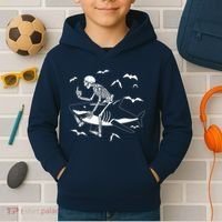 Scary Skeleton Riding Shark Kids Hoodie thumb 2