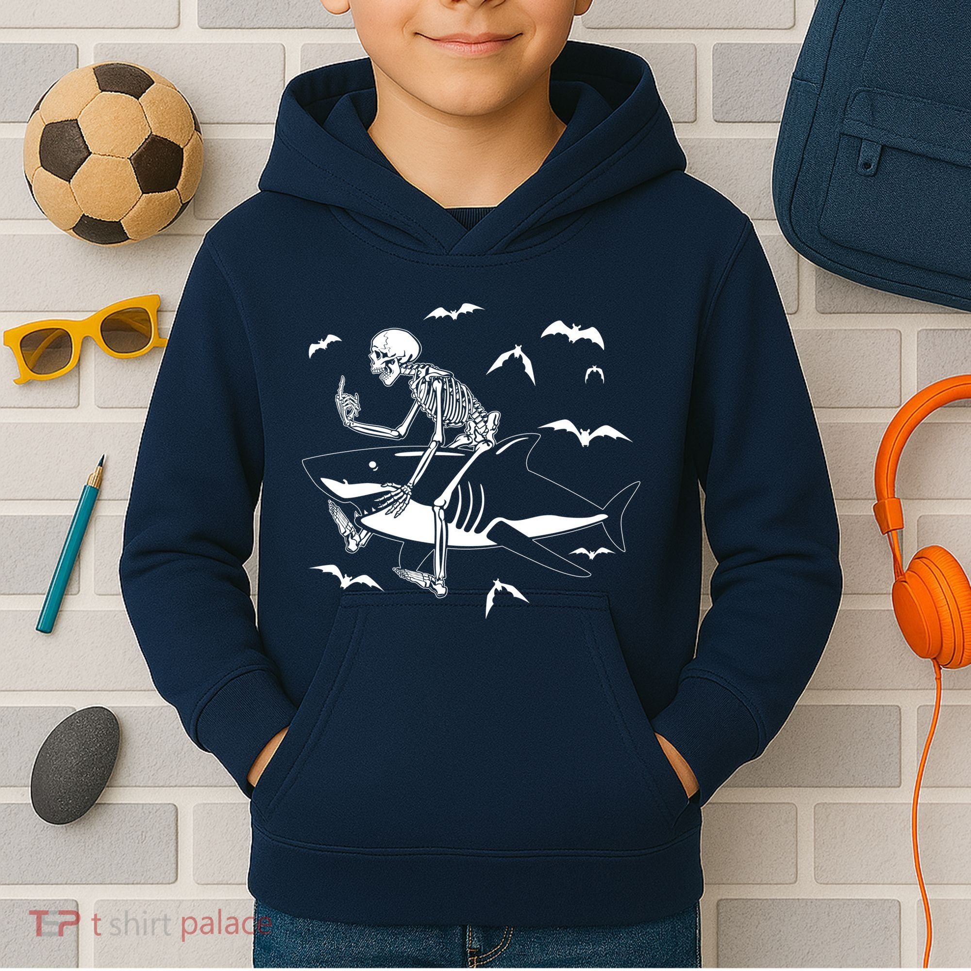Scary Skeleton Riding Shark Kids Hoodie