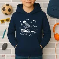 Scary Skeleton Riding Shark Kids Hoodie thumb 2