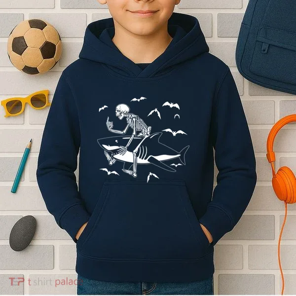 Scary Skeleton Riding Shark Kids Hoodie