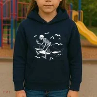 Scary Skeleton Riding Shark Kids Hoodie thumb 3