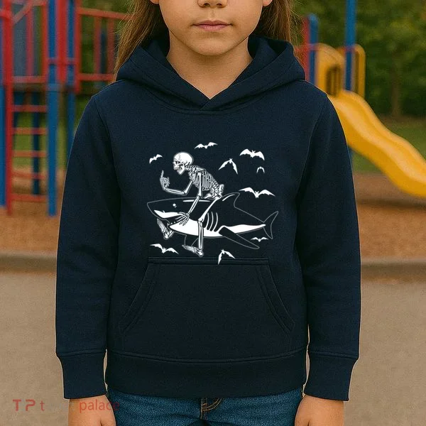 Scary Skeleton Riding Shark Kids Hoodie