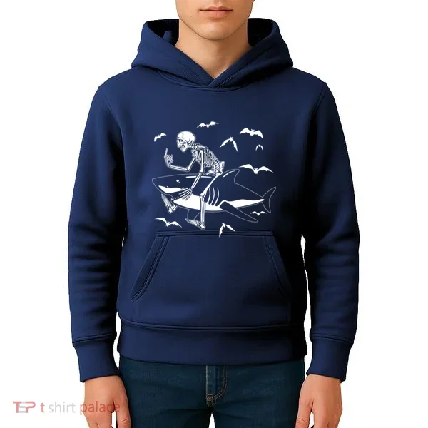 Scary Skeleton Riding Shark Kids Hoodie