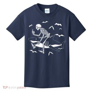 Scary Skeleton Riding Shark Kids T-Shirt