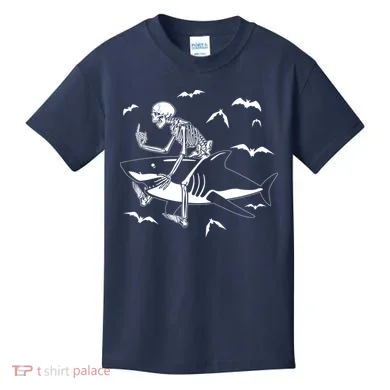 Scary Skeleton Riding Shark Kids T-Shirt