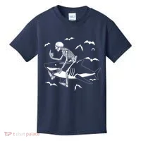 Scary Skeleton Riding Shark Kids T-Shirt thumb 0