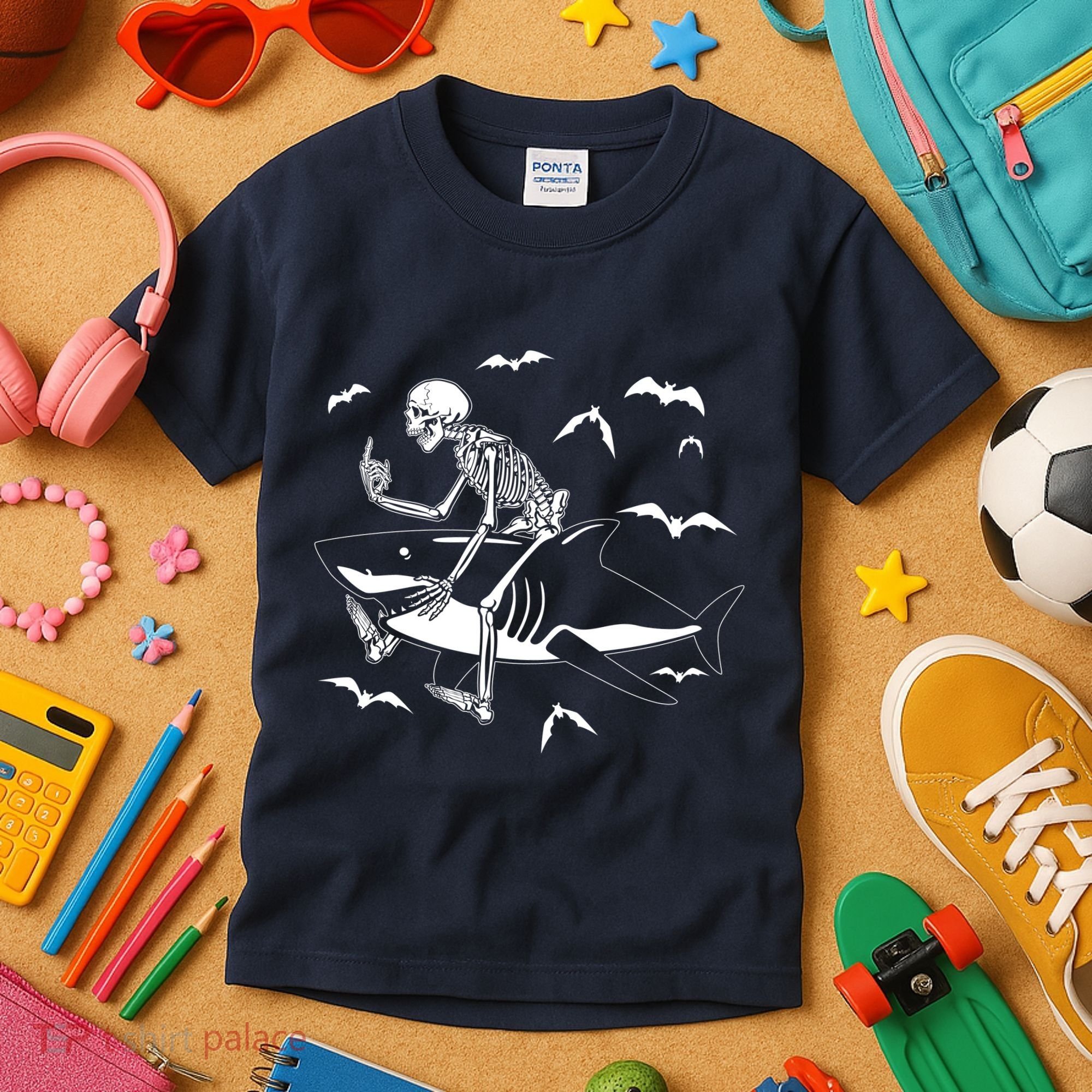 Scary Skeleton Riding Shark Kids T-Shirt