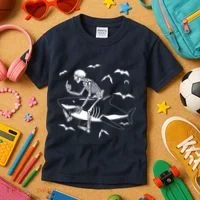 Scary Skeleton Riding Shark Kids T-Shirt thumb 3