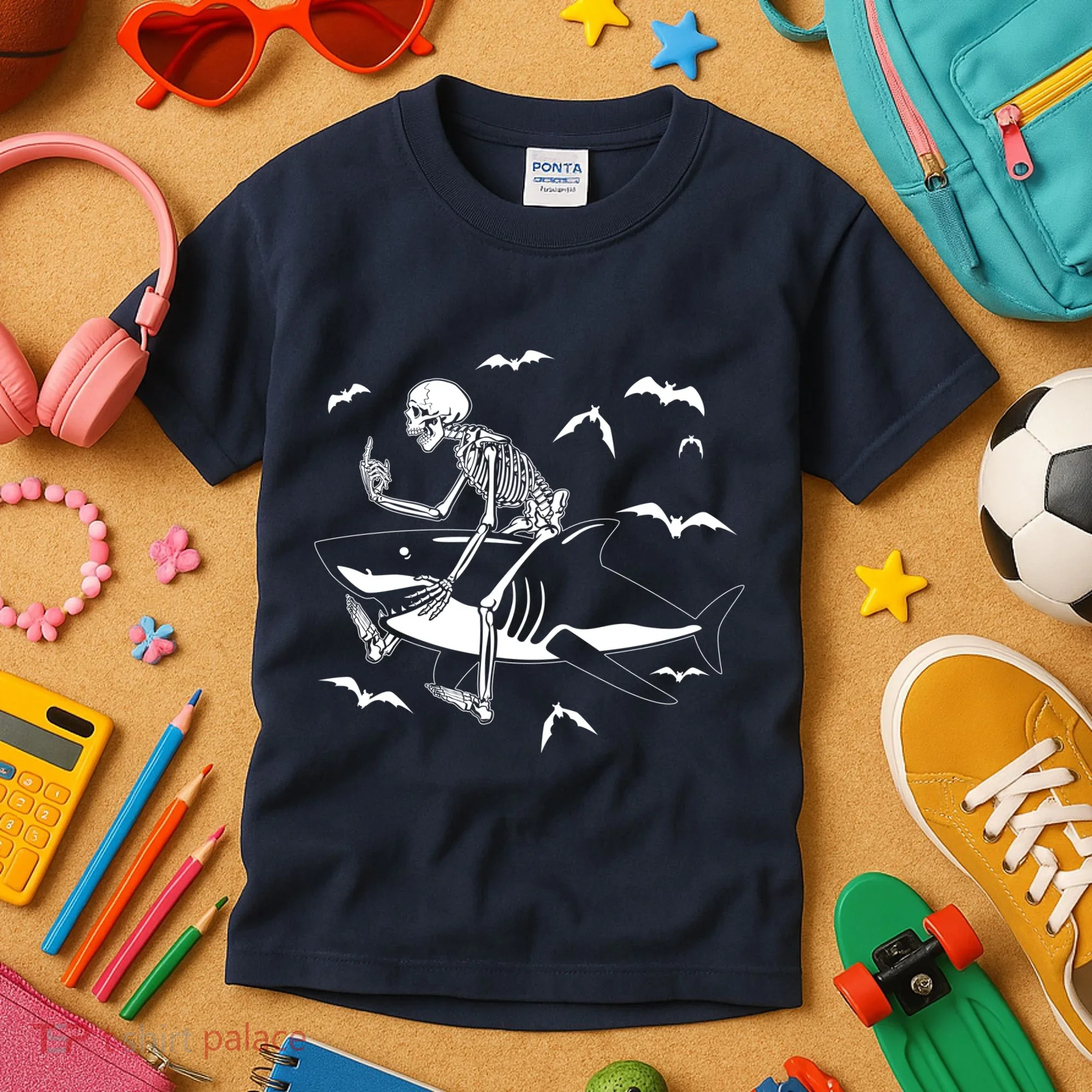 Scary Skeleton Riding Shark Kids T-Shirt
