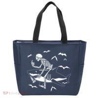 Scary Skeleton Riding Shark Tote Bag thumb 0