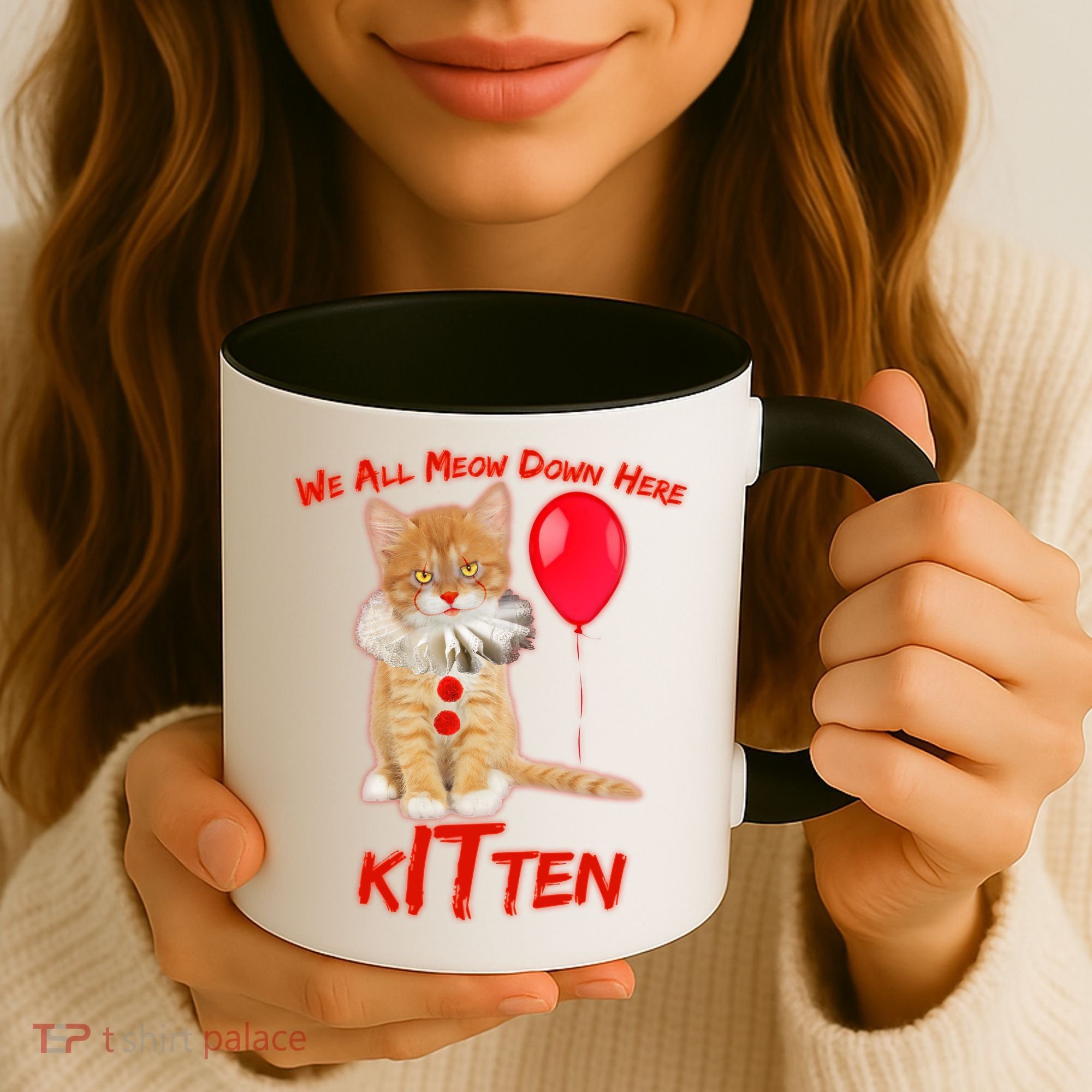 Scary We All Meow Down Here Clown Cat Kitten Coffee Mug