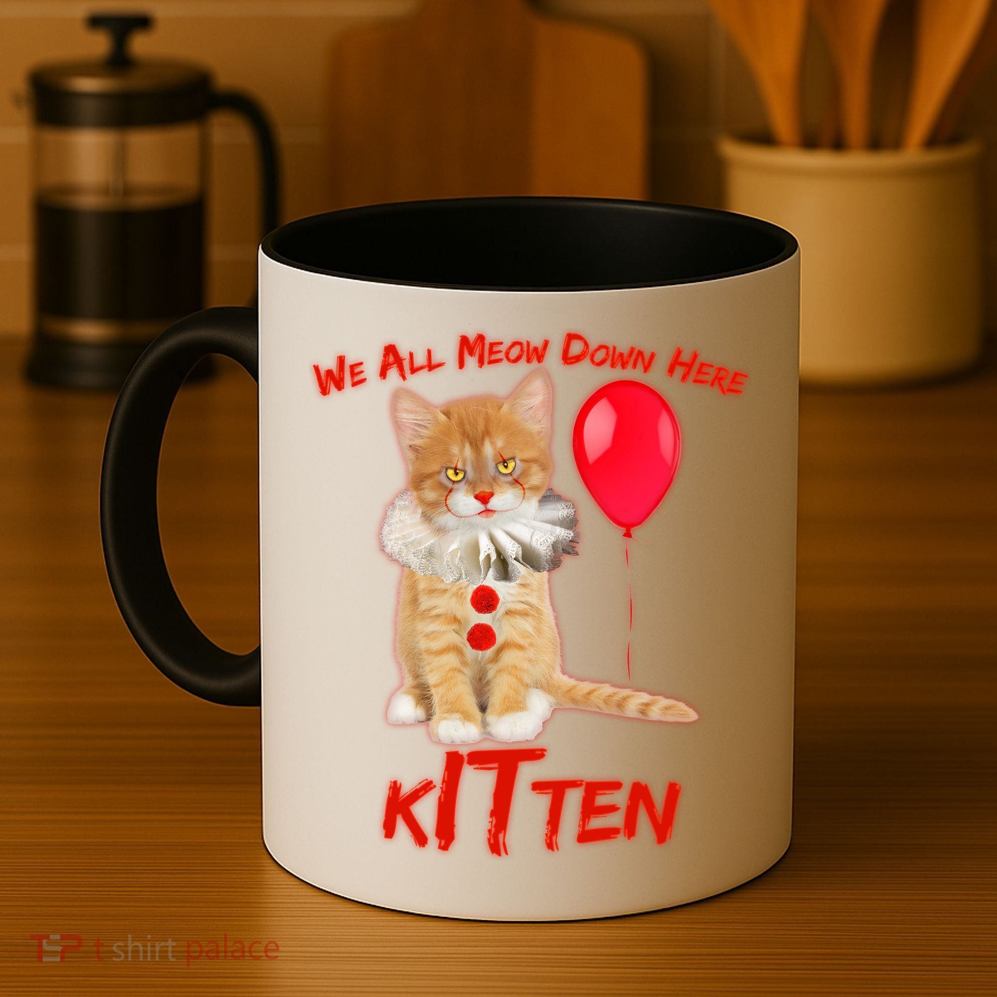 Scary We All Meow Down Here Clown Cat Kitten Coffee Mug