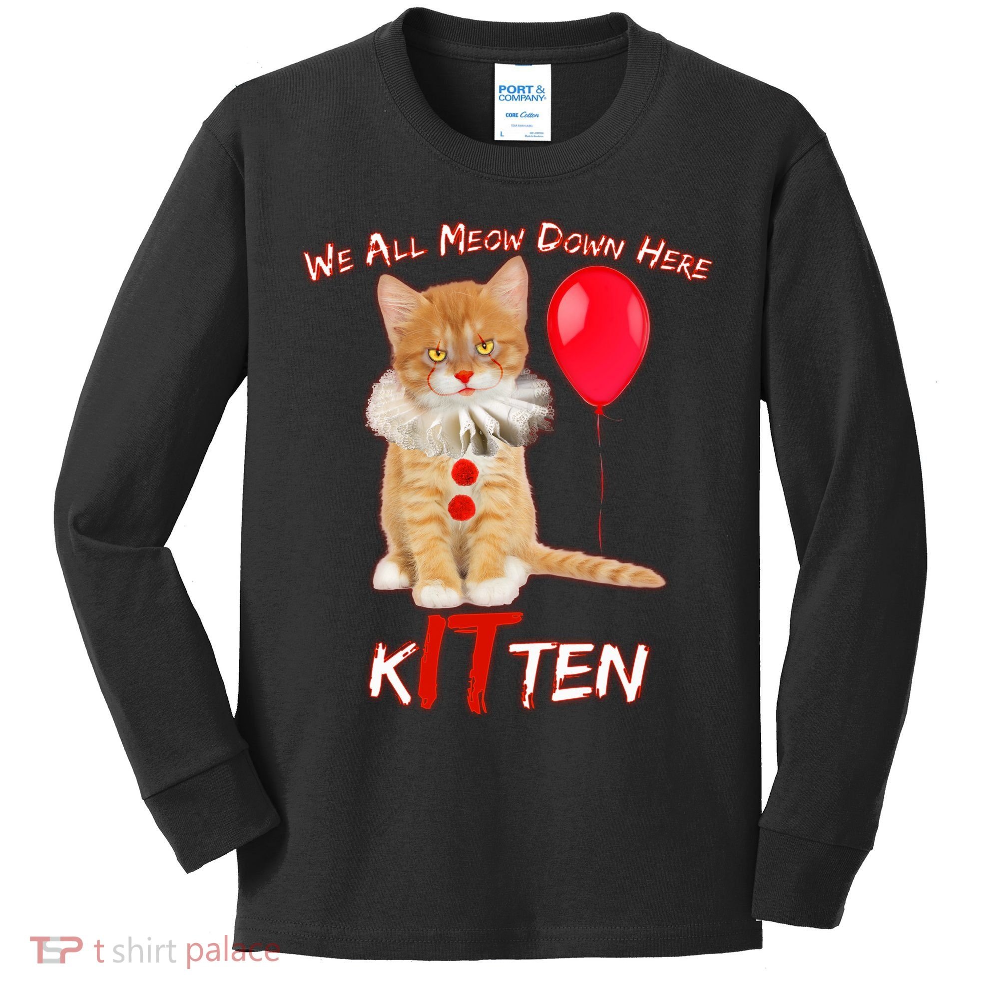 Scary We All Meow Down Here Clown Cat Kitten Kids Long Sleeve Shirt
