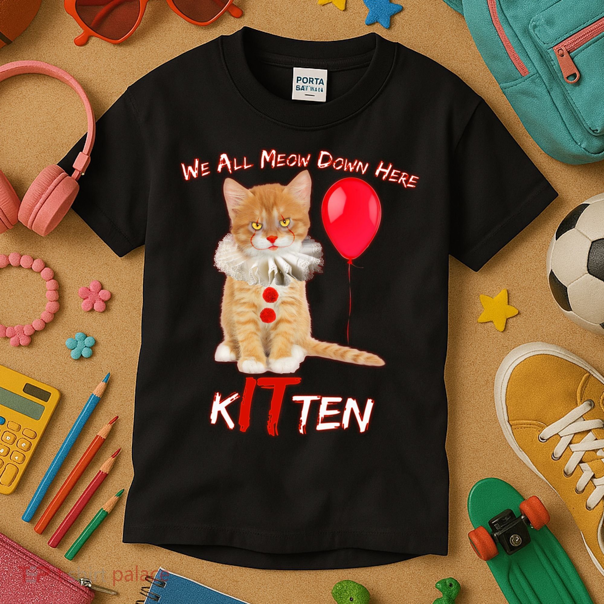 Scary We All Meow Down Here Clown Cat Kitten Kids T-Shirt