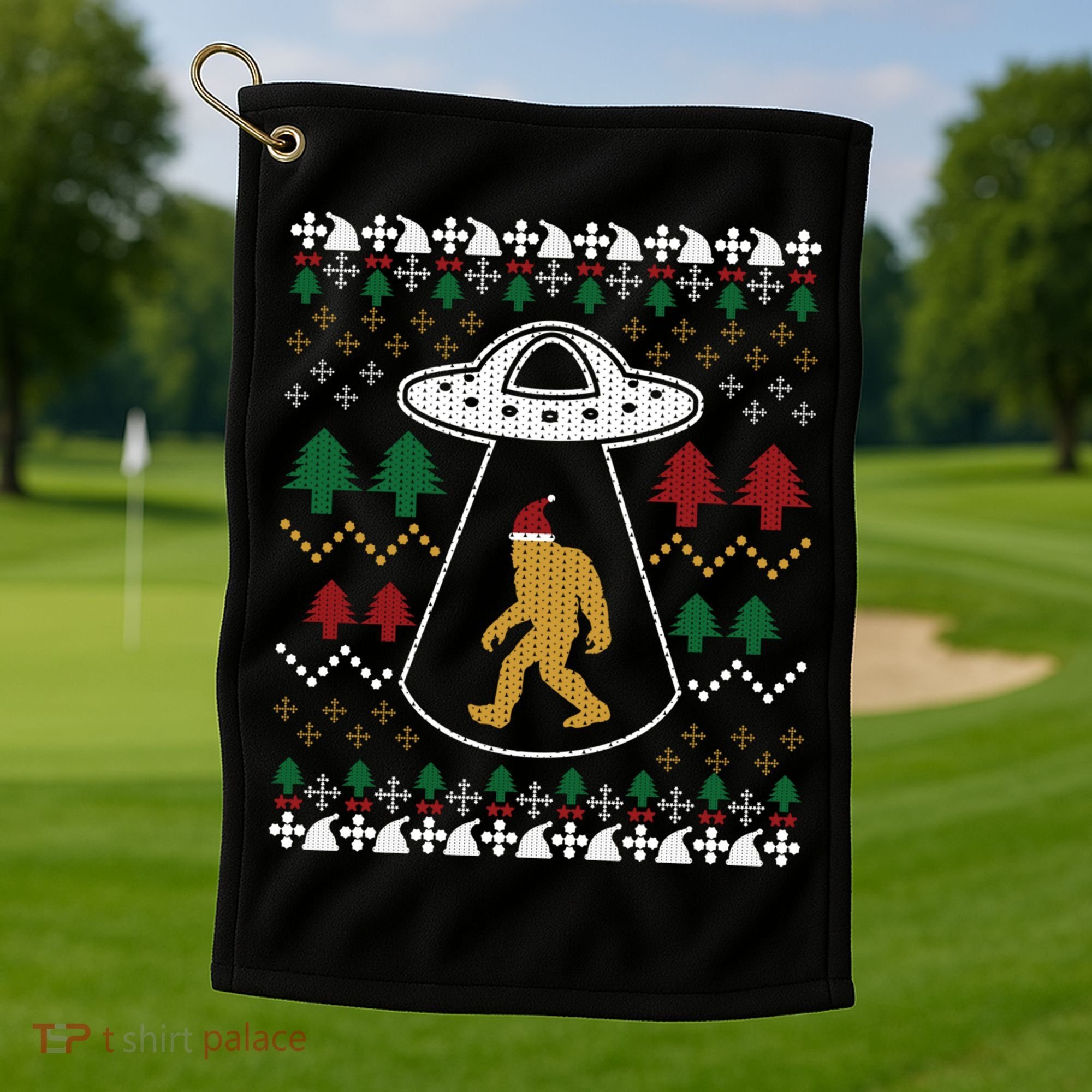 Santa Claus Bigfoot Ufo Sasquatch Ugly Christmas Sweater Gift Golf Towel