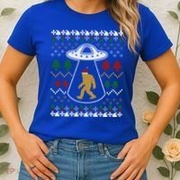 Santa Claus Bigfoot Ufo Sasquatch Ugly Christmas Sweater Gift Women's T-Shirt thumb 2