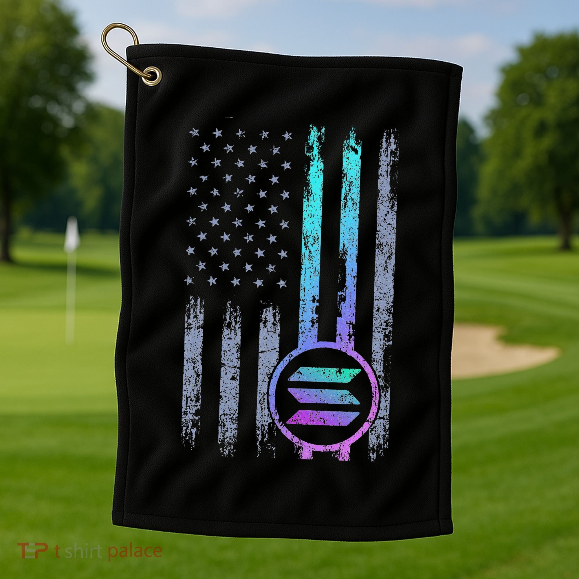 Solana Crypto Blockchain Solana Coin Distressed Usa Flag Golf Towel
