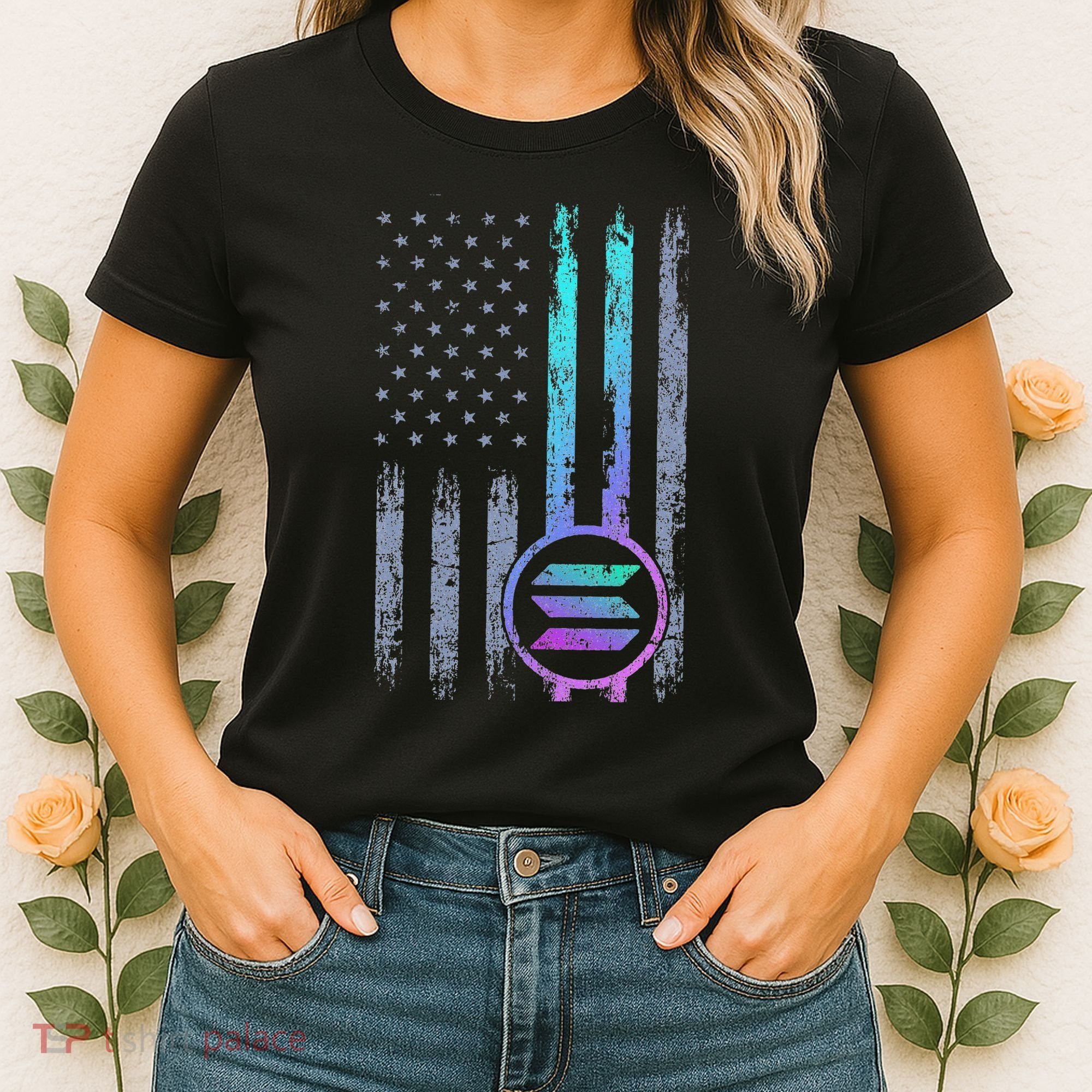 Solana Crypto Blockchain Solana Coin Distressed Usa Flag Women's T-Shirt