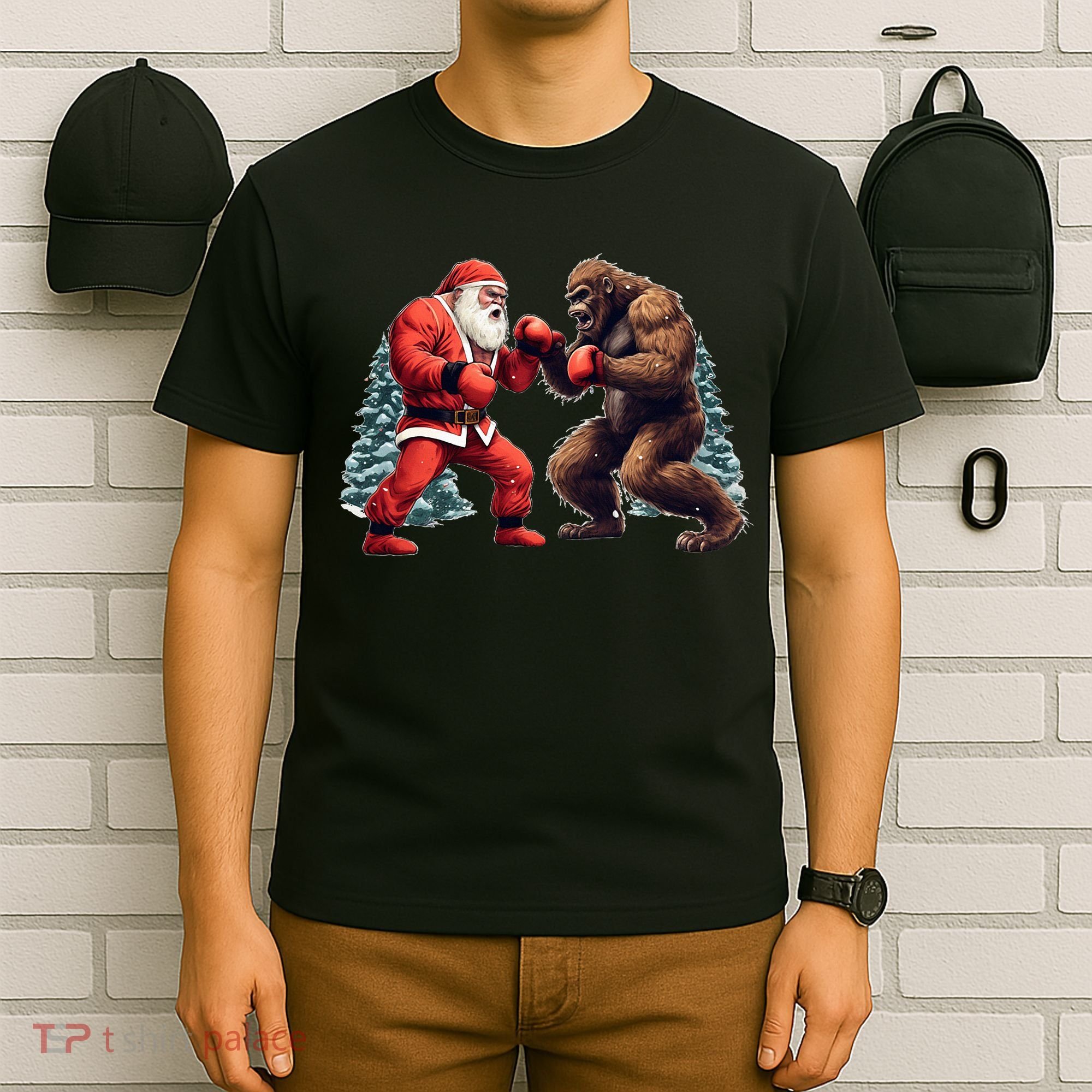 Santa Claus Boxing Bigfoot Sasquatch Christmas T-Shirt