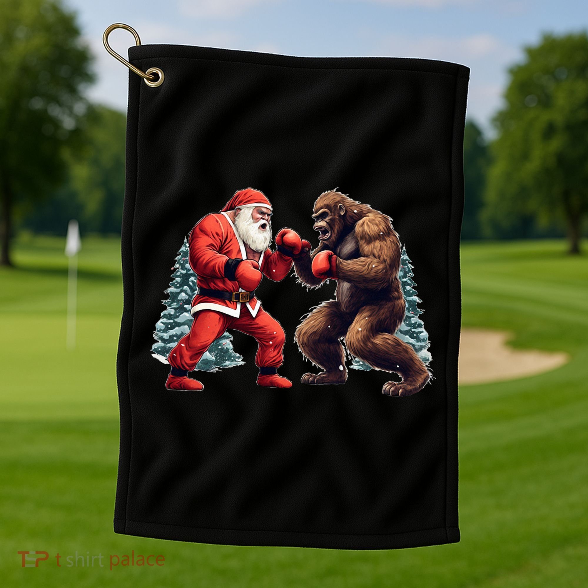 Santa Claus Boxing Bigfoot Sasquatch Christmas Golf Towel