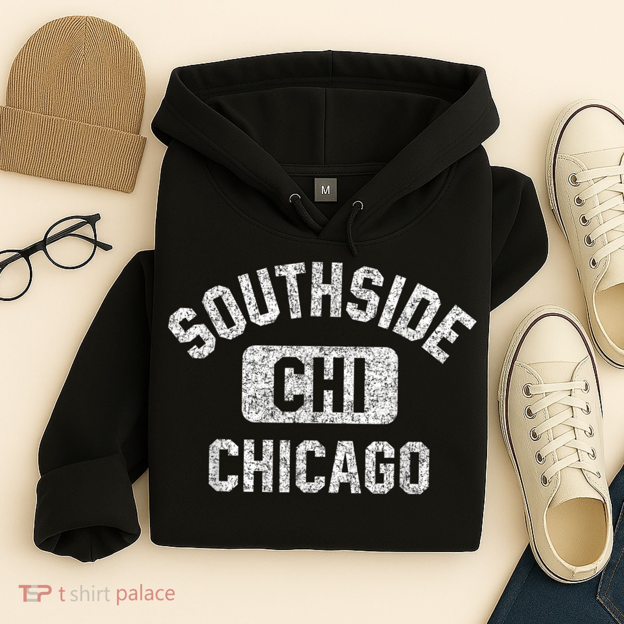 Southside Chicago CHI Gym Style Distressed White Print Hoodie
