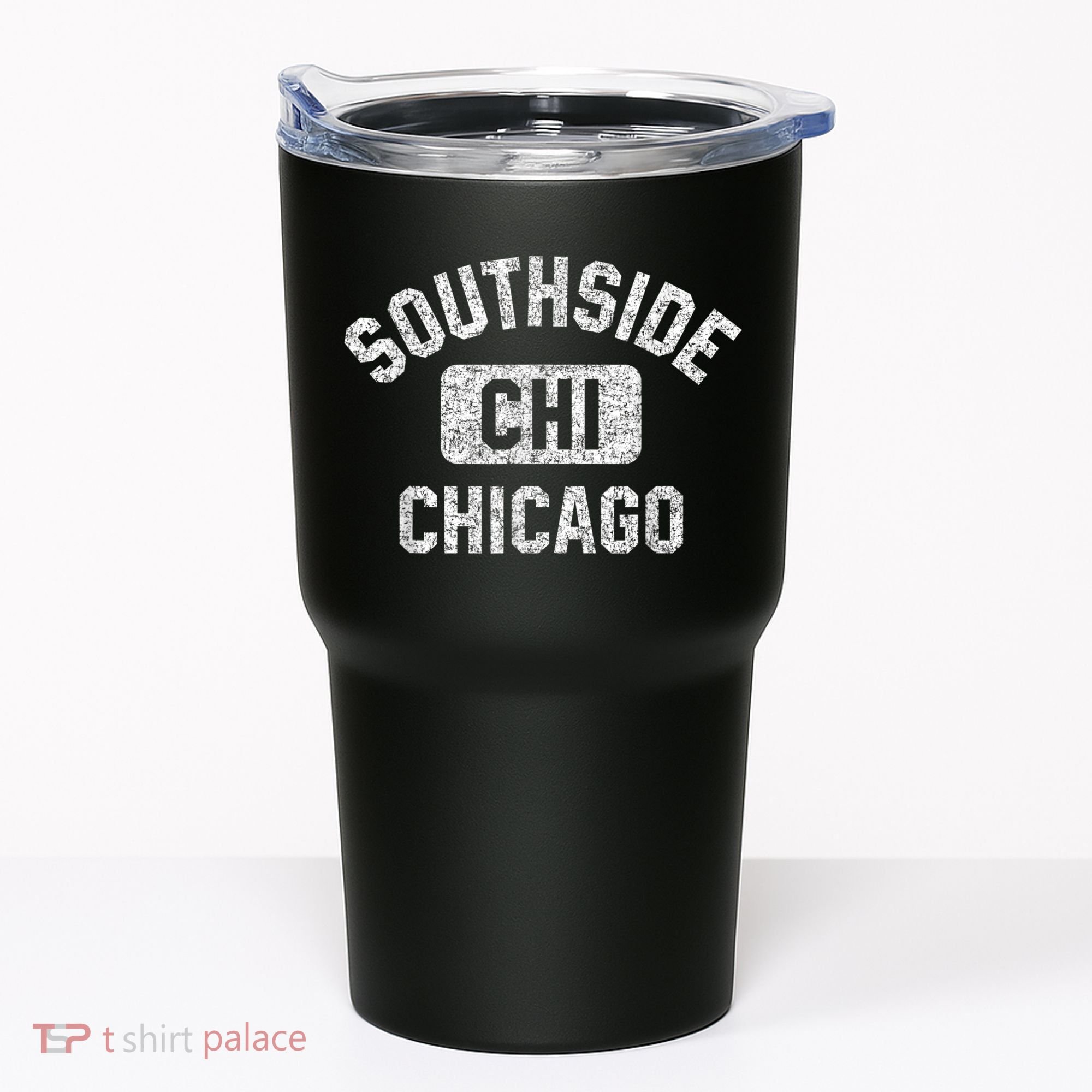 Southside Chicago CHI Gym Style Distressed White Print Tumbler