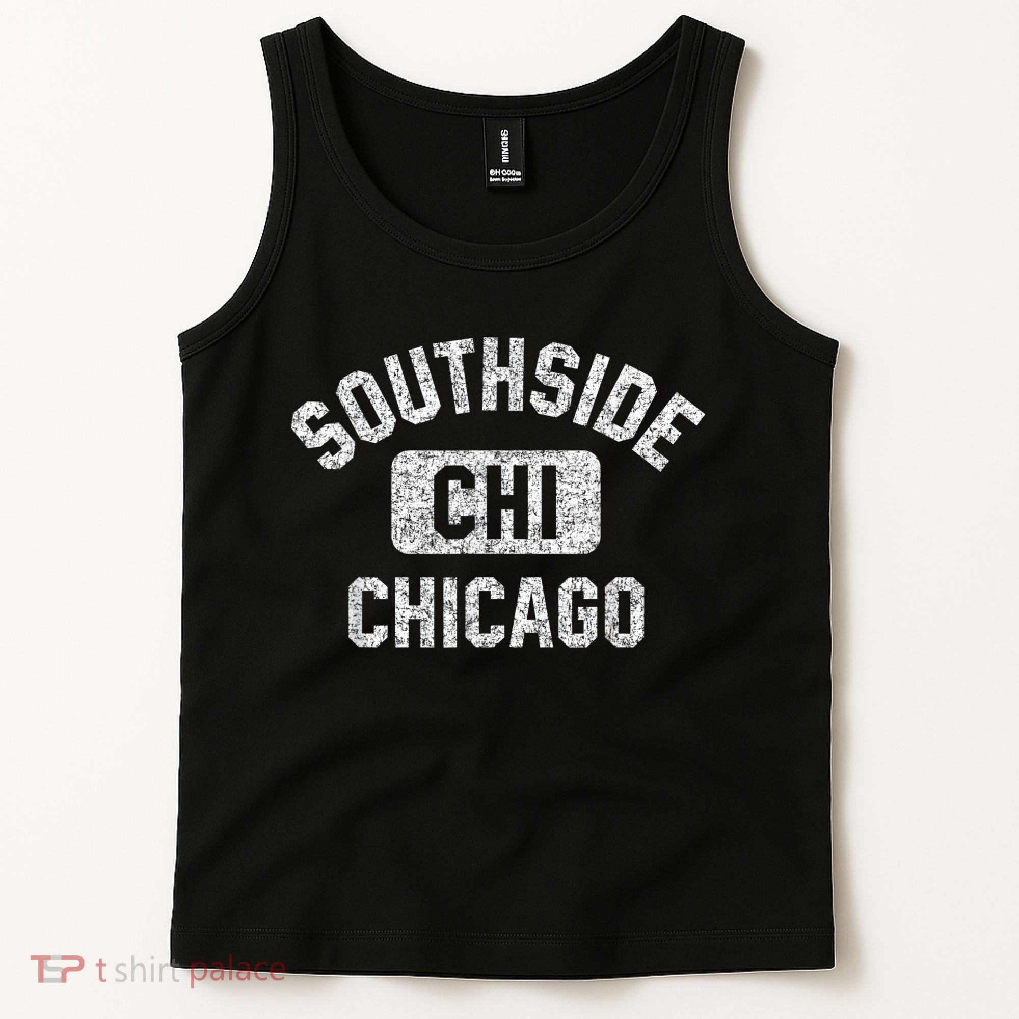 Southside Chicago CHI Gym Style Distressed White Print Tank Top