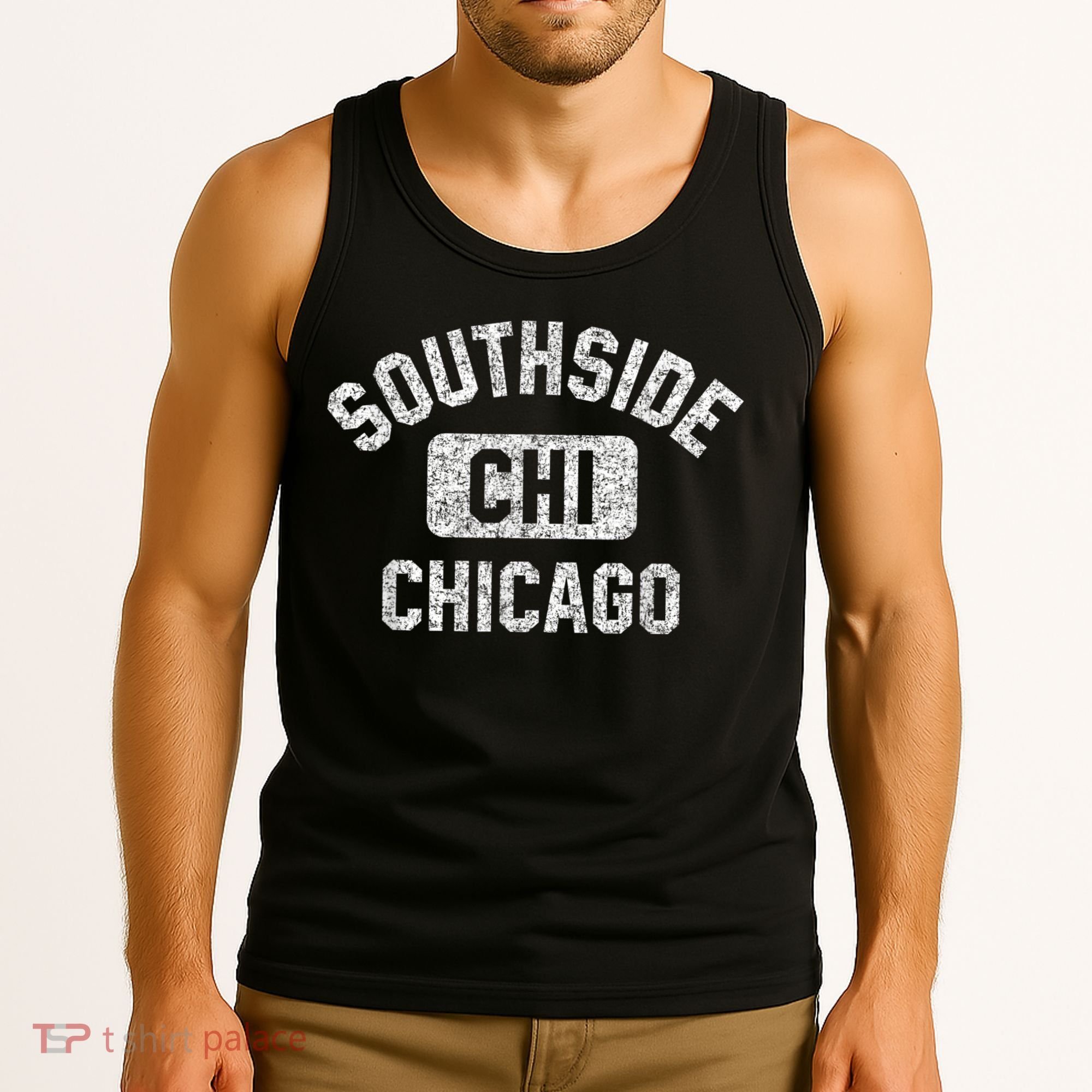 Southside Chicago CHI Gym Style Distressed White Print Tank Top