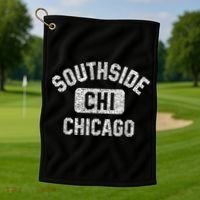 Southside Chicago CHI Gym Style Distressed White Print Golf Towel thumb 1